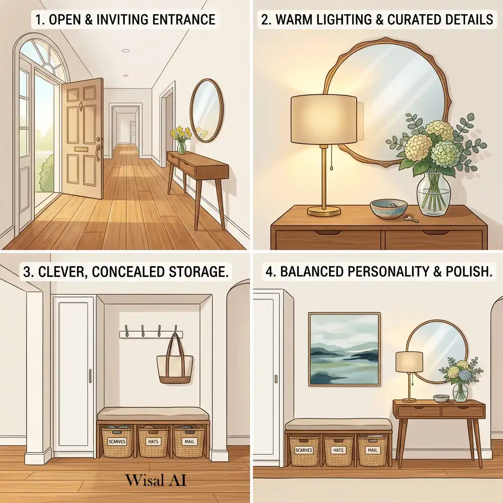 Bright and welcoming home entryway with a stylish console table, mirror, and elegant décor.