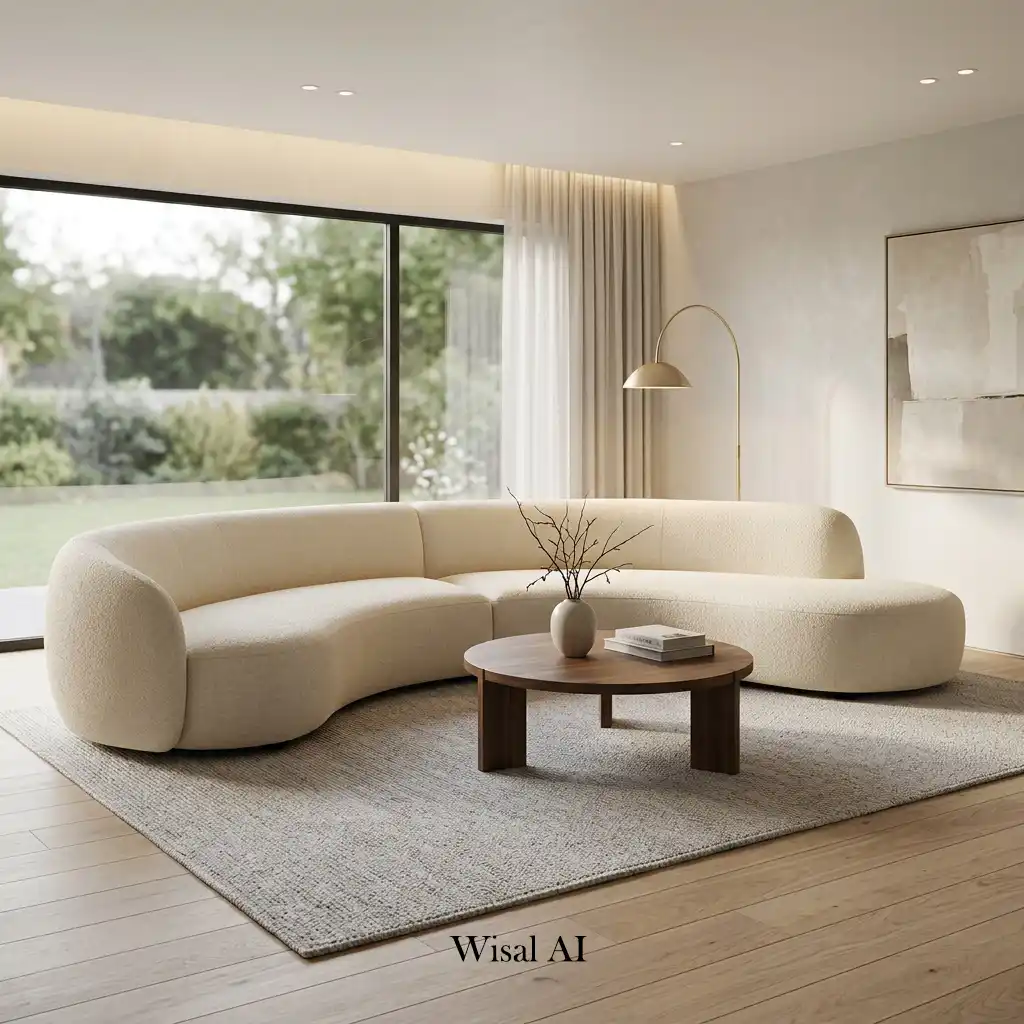 Curved statement sofa in a luxury modern living room with neutral décor.