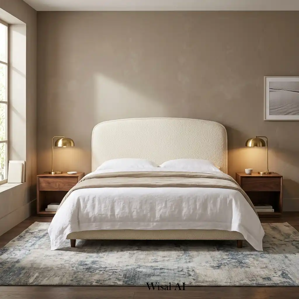 Upholstered bedroom headboard with layered pillows and neutral bedding.