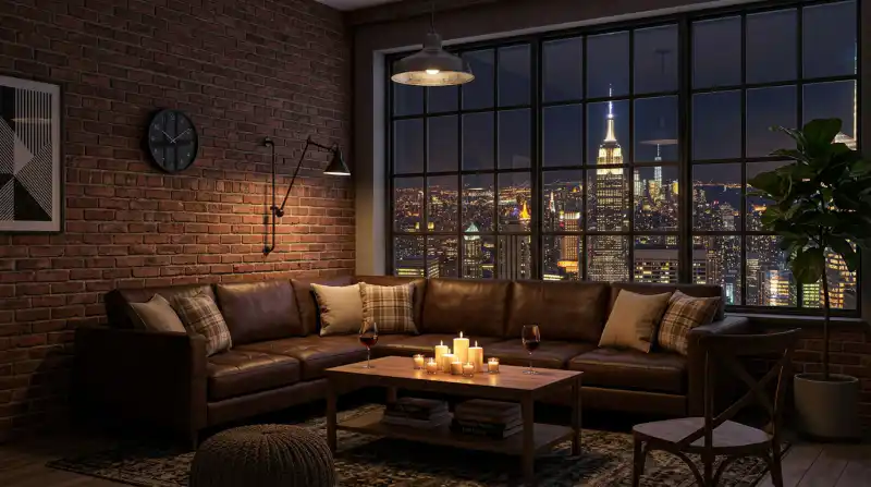 21. A Moody Industrial Living Room Idea: Where Brick Walls and City Lights Converge