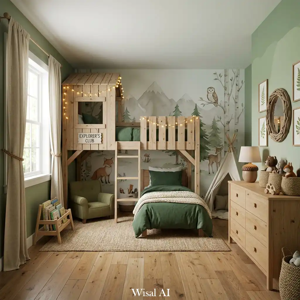 Cozy adventure forest kids bedroom with green walls, wooden bed, and woodland nature decor