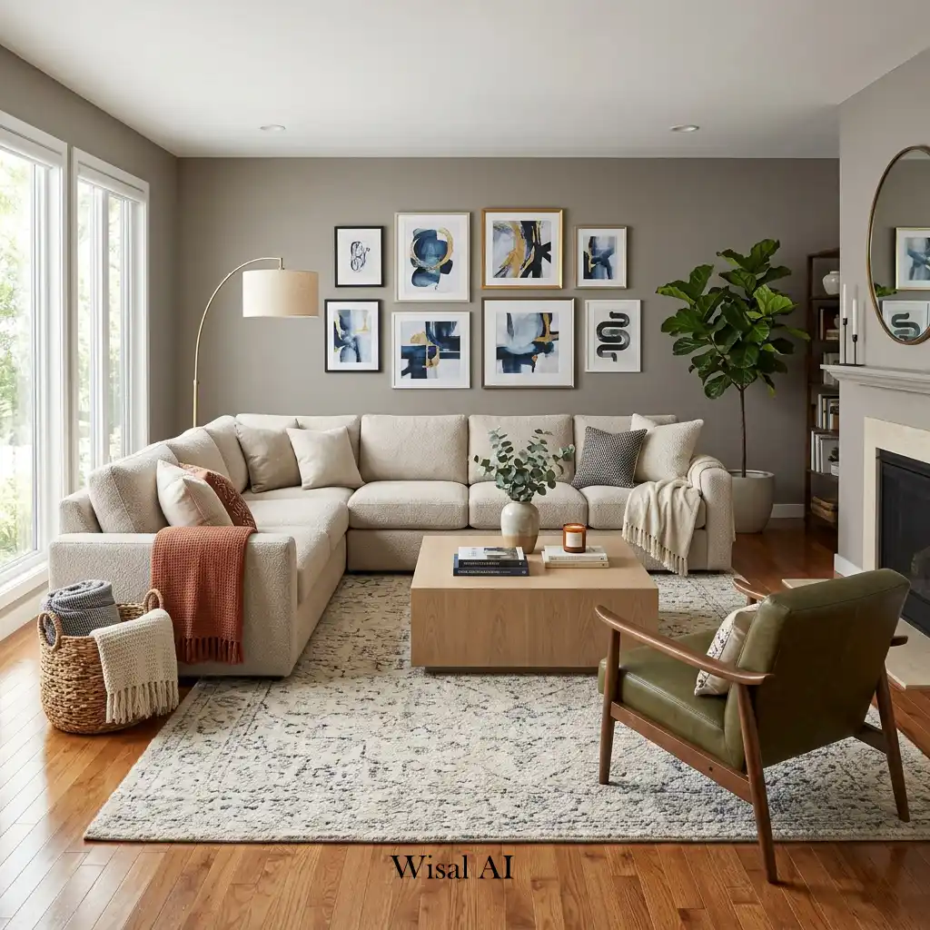 Modern living room with a large neutral sofa creating the main furniture layout.