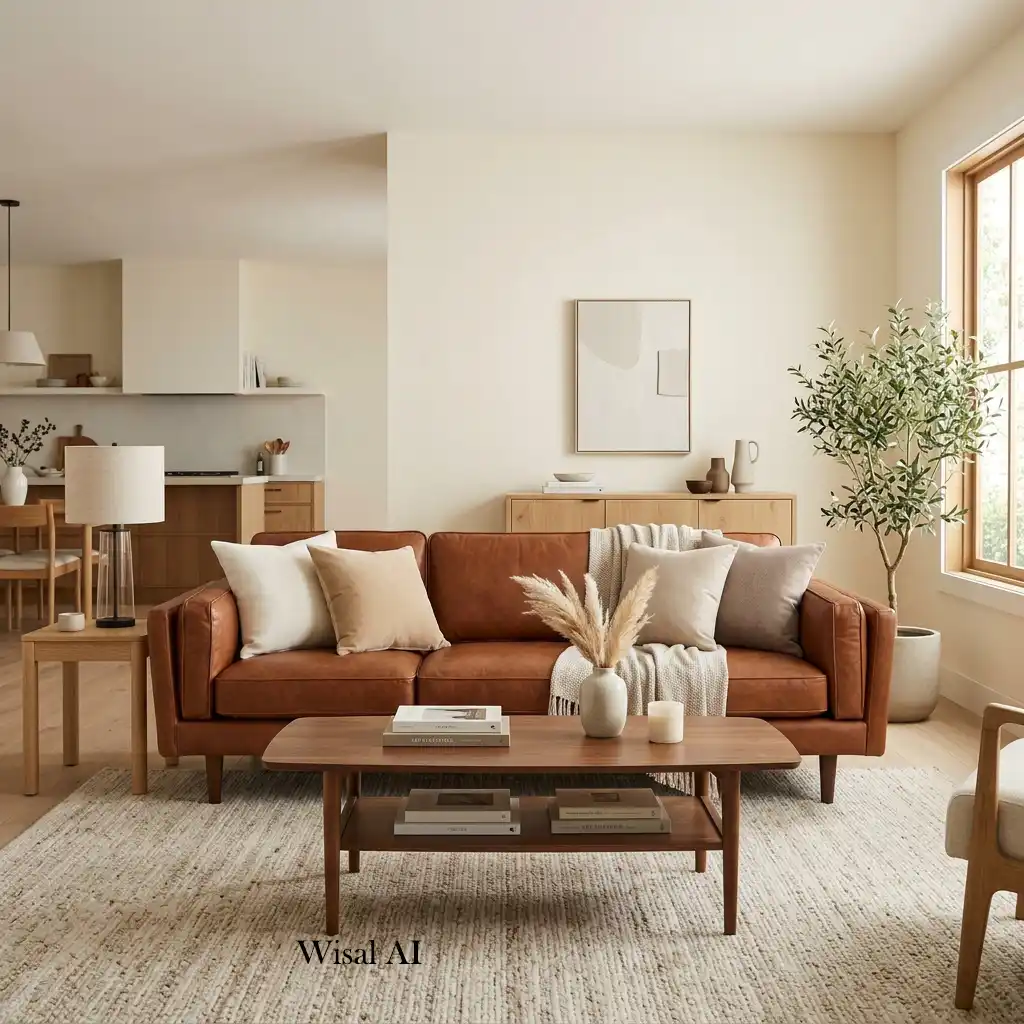 Cinnamon brown sofa styled with cream pillows and natural wood furniture.