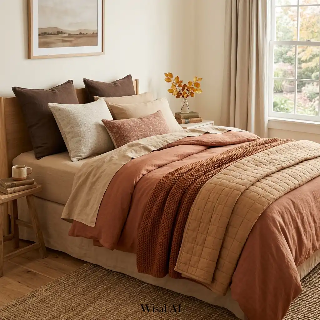 Autumn bedroom with layered earth-tone bedding in warm seasonal colors.