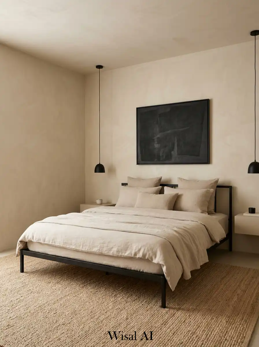 Modern bedroom with black accents and warm beige tones creating a soft luxury balanced interior design.