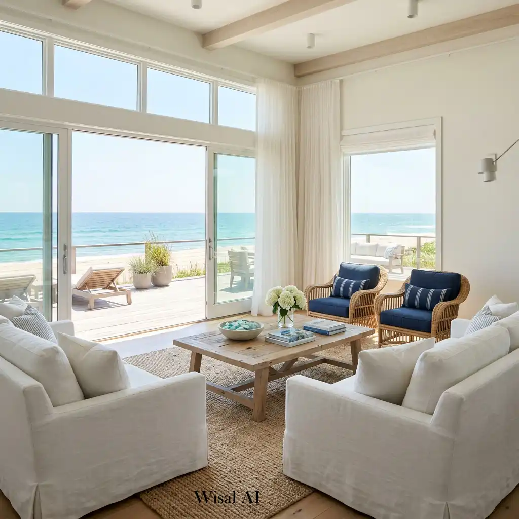 Bright summer living room with floor-to-ceiling windows and abundant natural light.