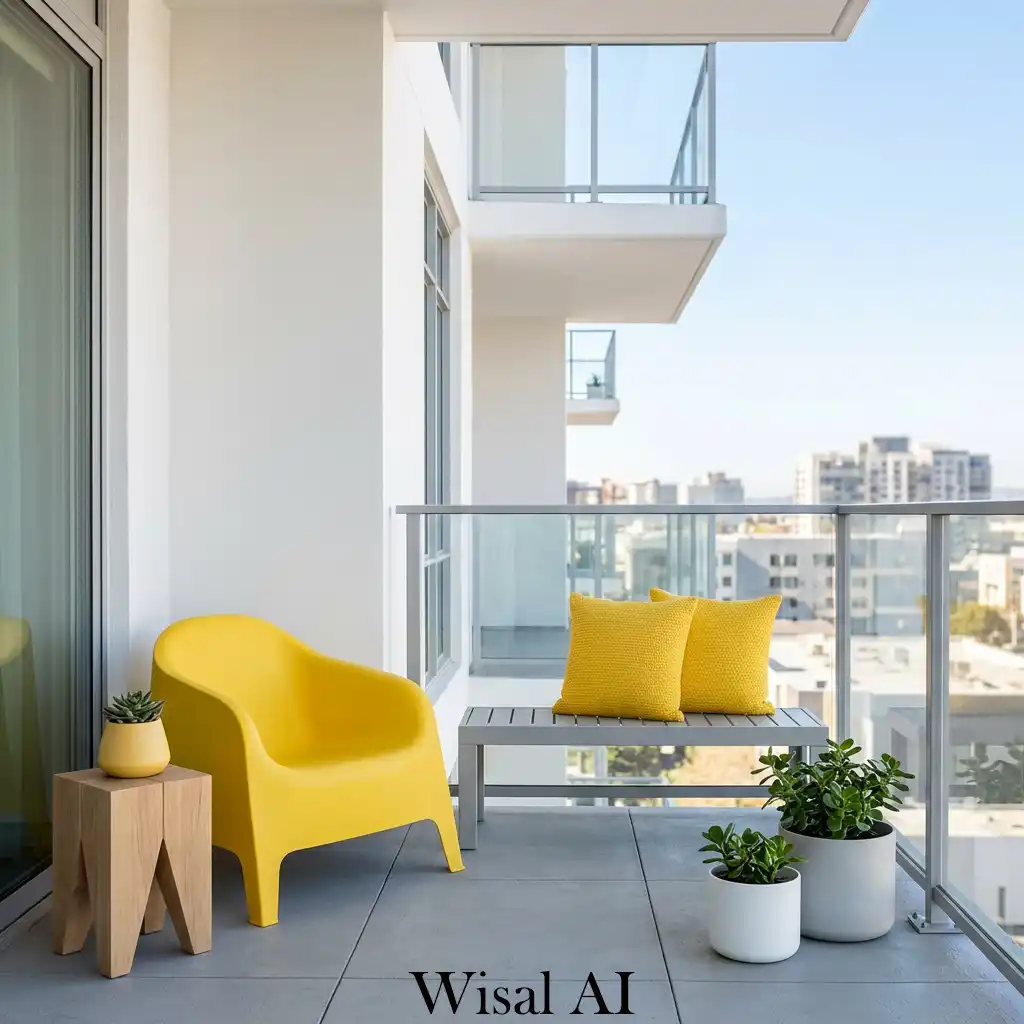 Sunny yellow balcony with modern minimal outdoor furniture and bright accents