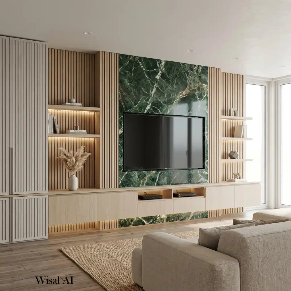 Floor-to-ceiling built-in TV wall with white oak and stone finishes.