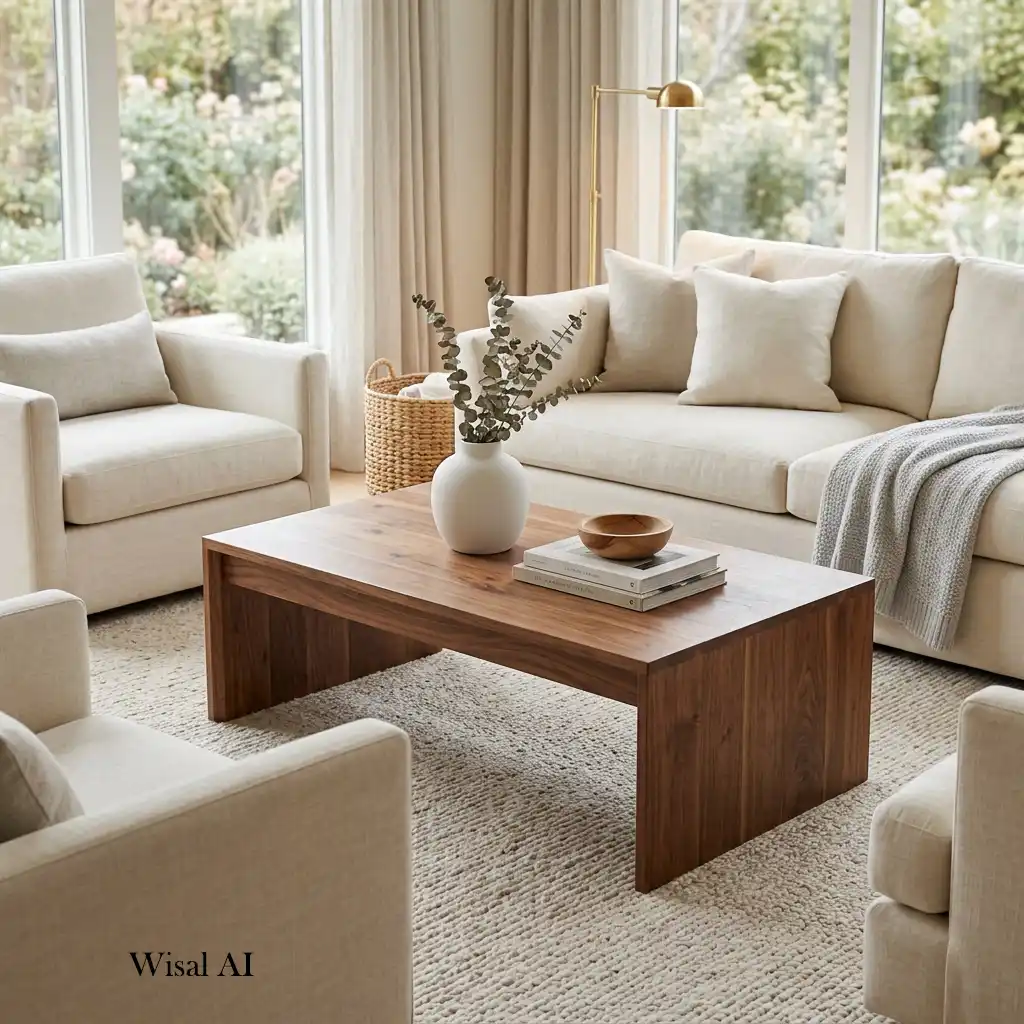 Luxury living room with a walnut coffee table and cream sofa.