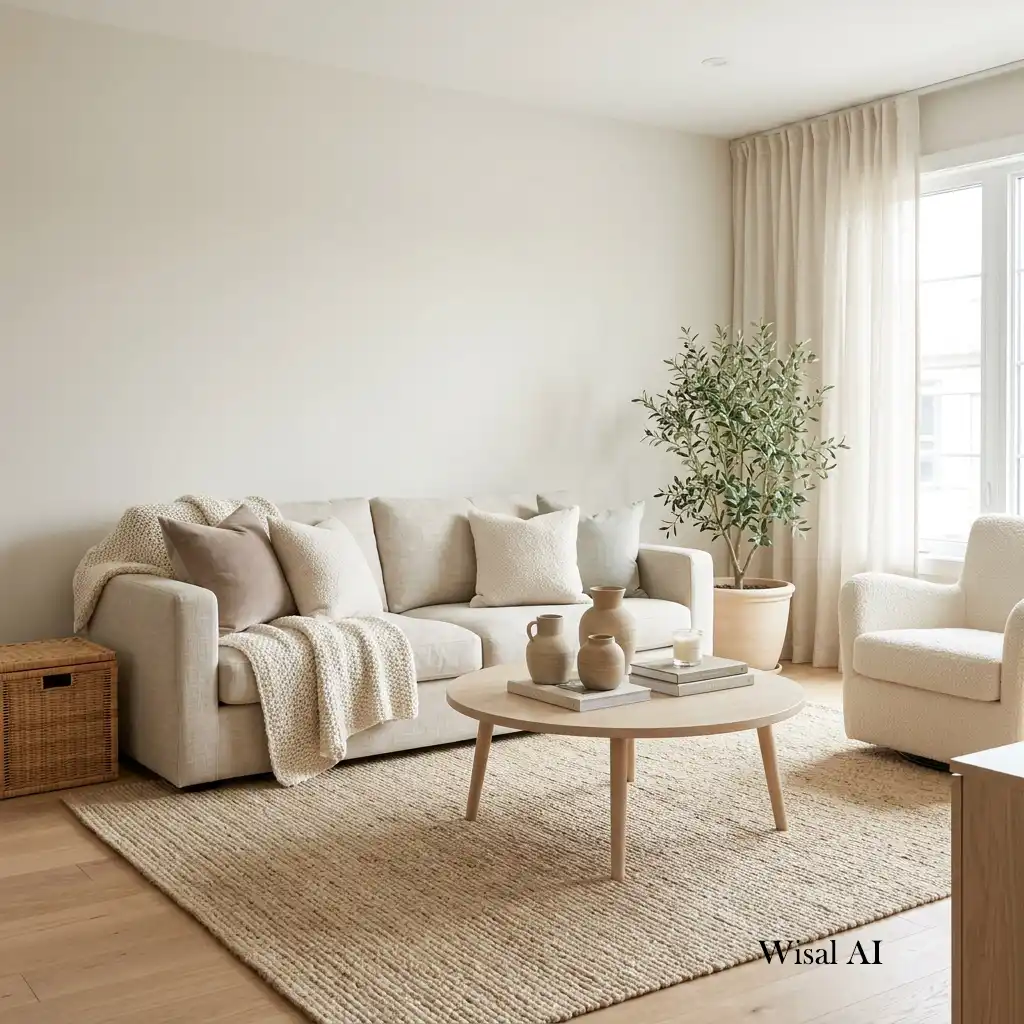 Bright living room featuring a warm neutral color palette filled with natural daylight.