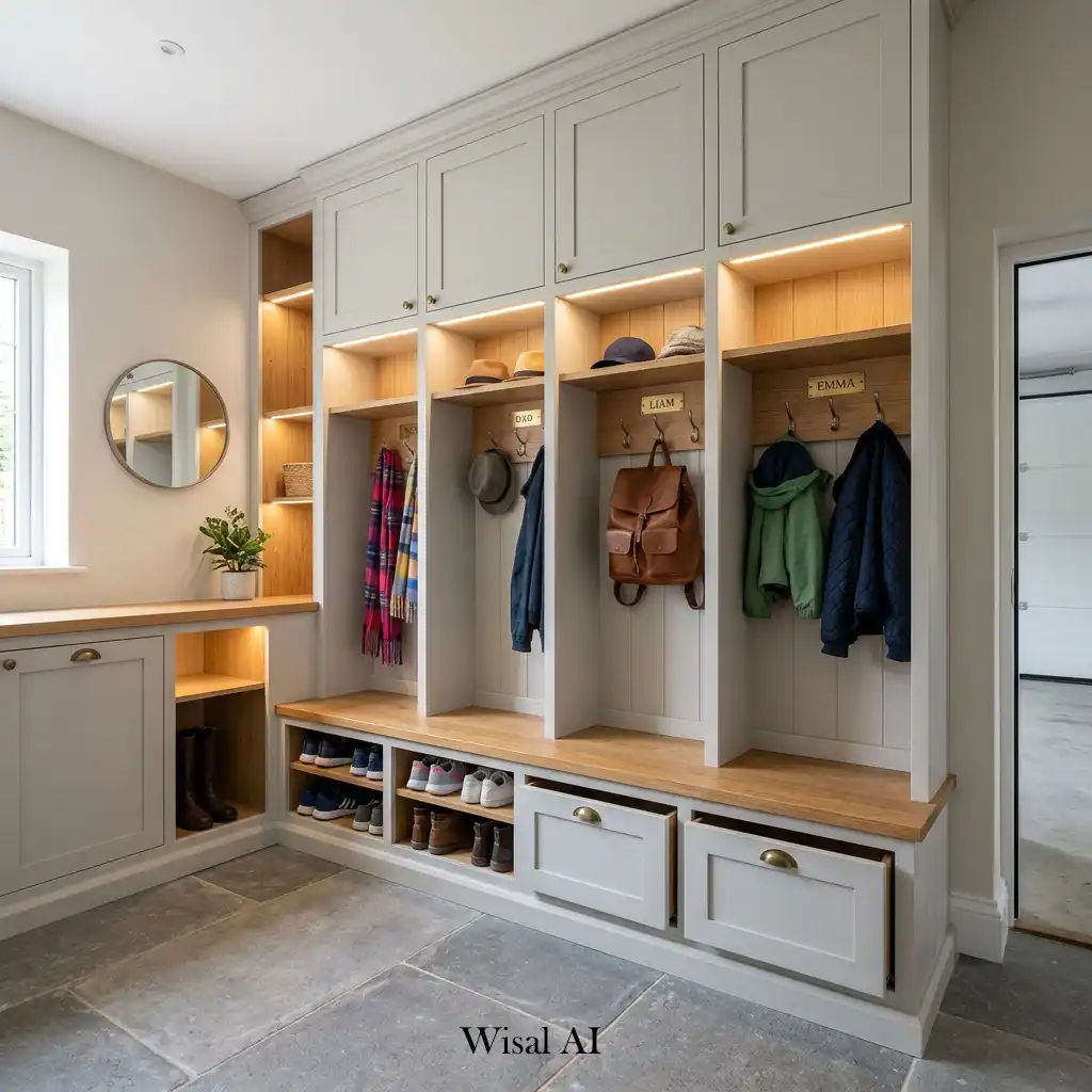 Modern mudroom with built-in storage cabinets, bench seating, and organized entryway design