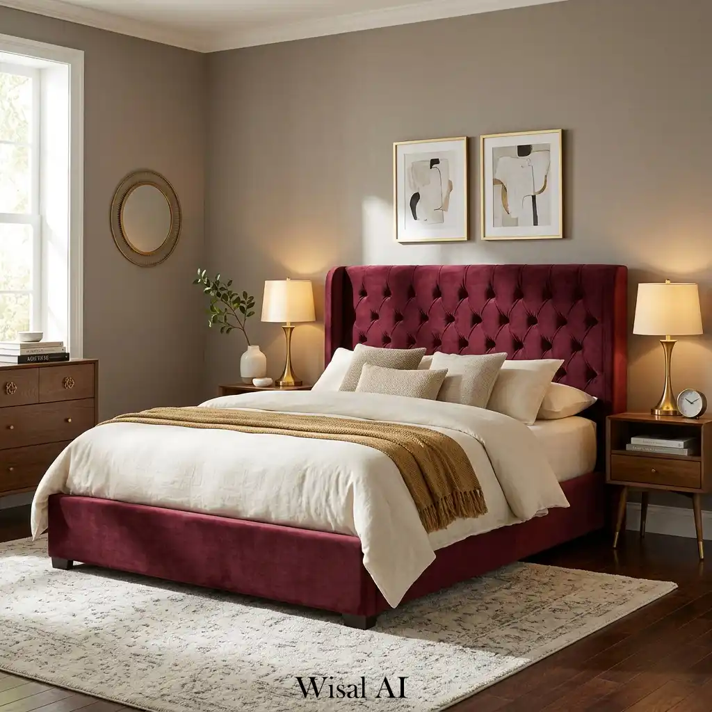 Luxury burgundy velvet bed with cream bedding and warm gold accents