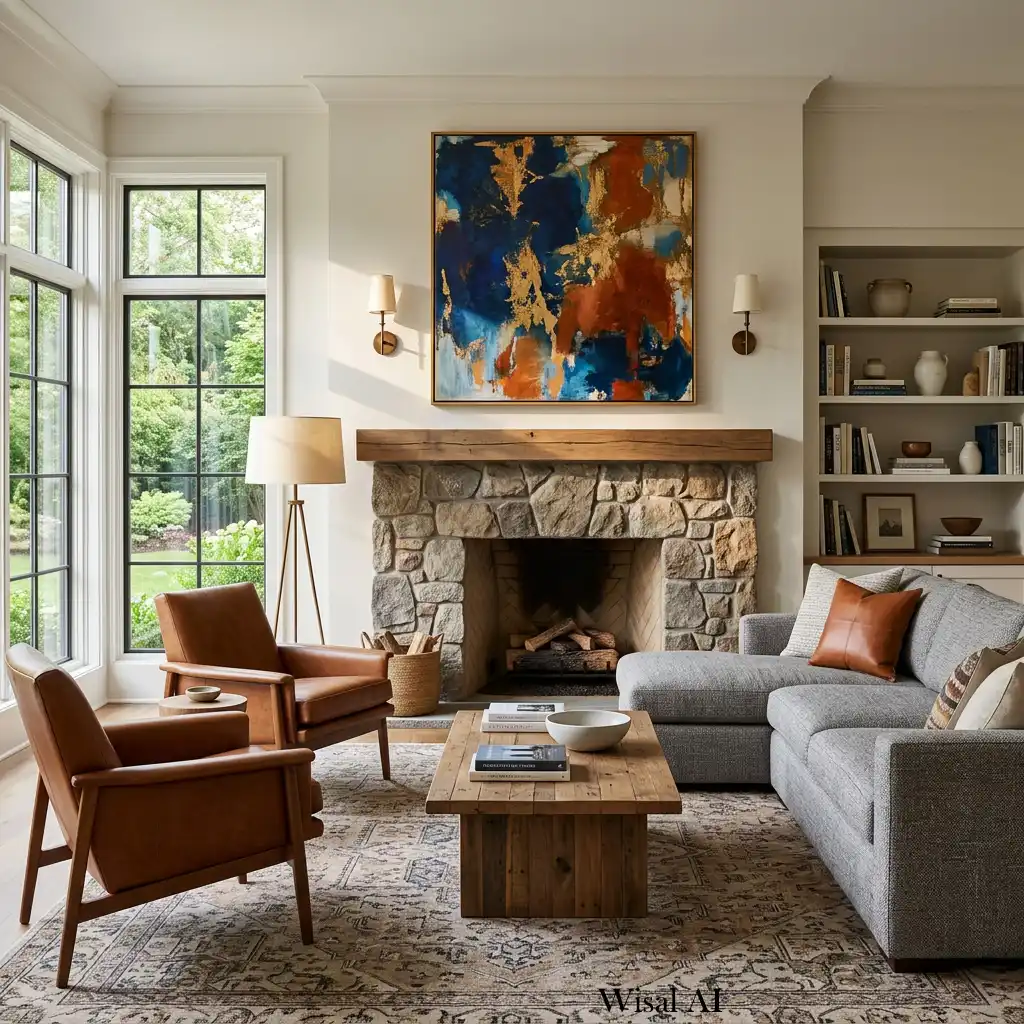 Living room centered around a fireplace with comfortable seating and balanced furniture placement.