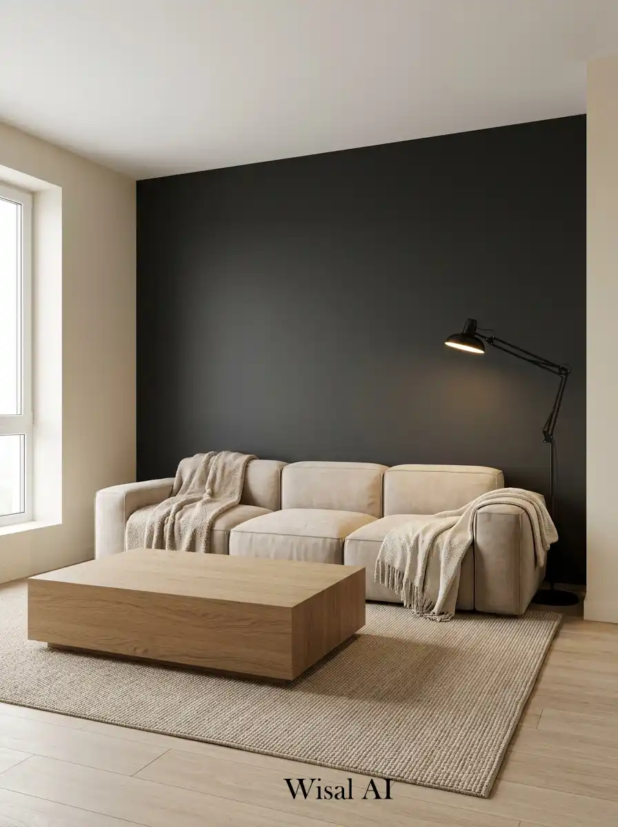 Modern living room with charcoal feature wall soft beige furniture and warm minimalist luxury interior design style.
