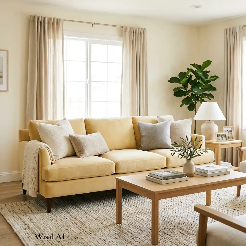 Butter yellow sofa styled with cream pillows and natural oak furniture.