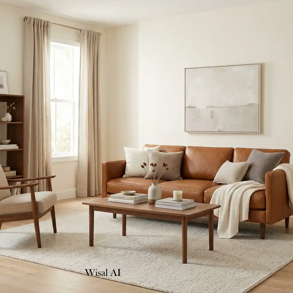 Luxury living room with a caramel leather sofa and cream décor.