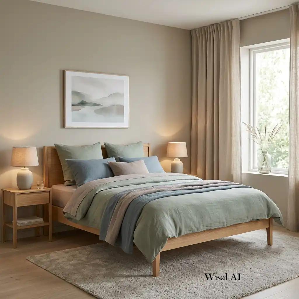 Peaceful bedroom designed with soft neutral colors that create a calm and sleep-friendly atmosphere.