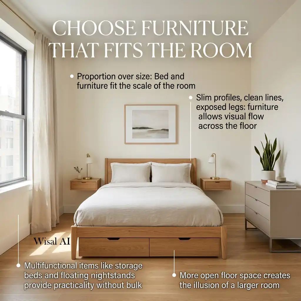 Small bedroom designed with space-saving furniture that creates an open and airy atmosphere.