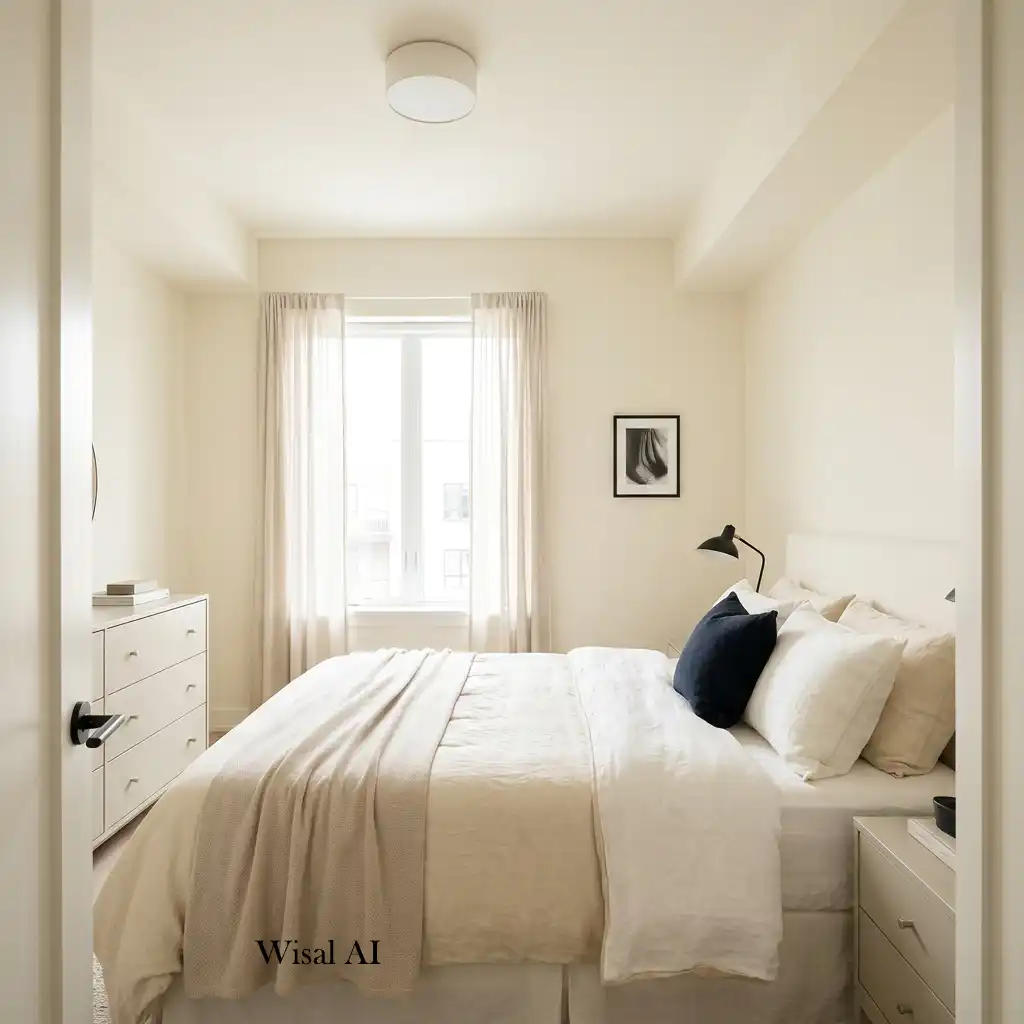 Small bedroom with light neutral colors creating a bright and spacious atmosphere.