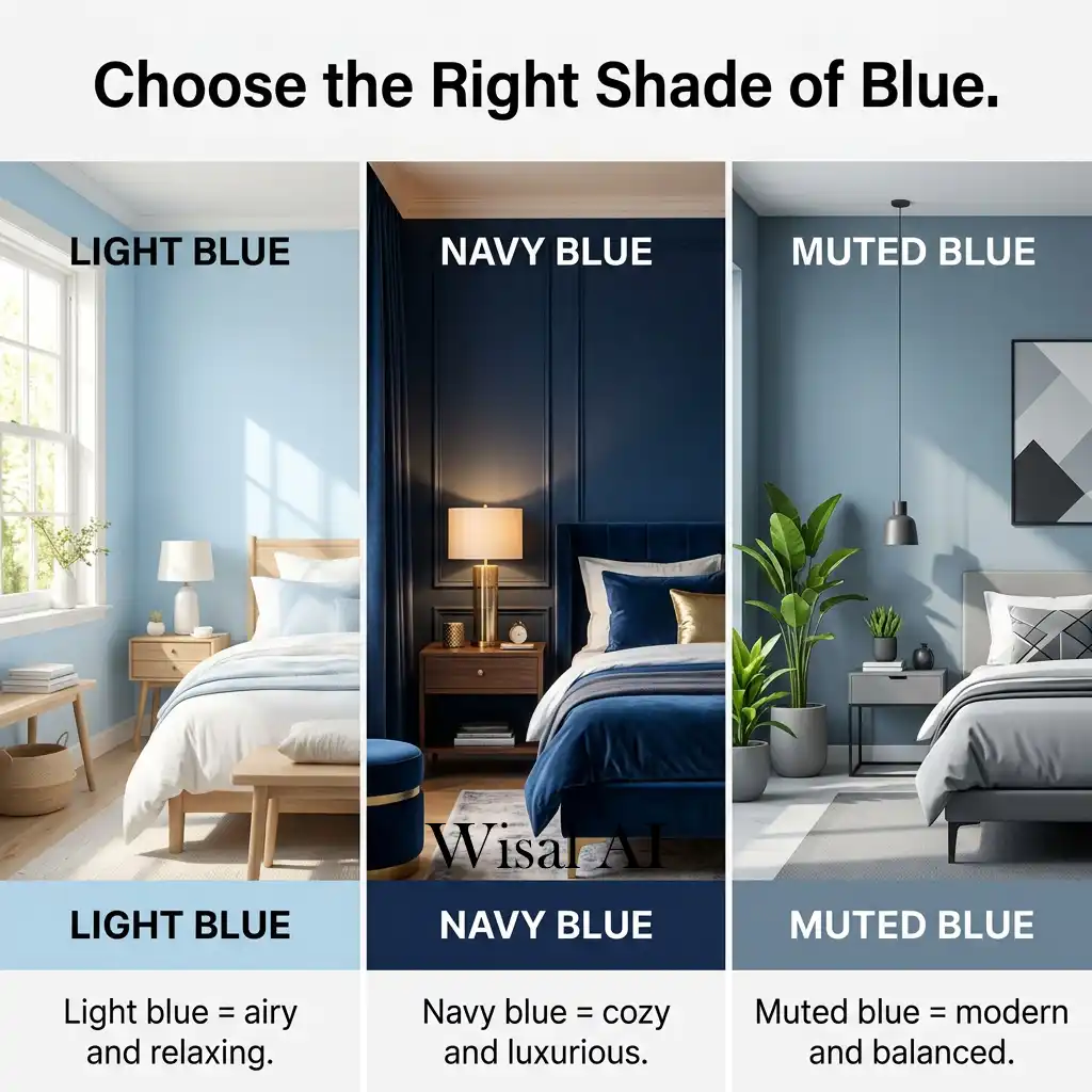 Calm blue bedroom with soft lighting and minimalist furniture