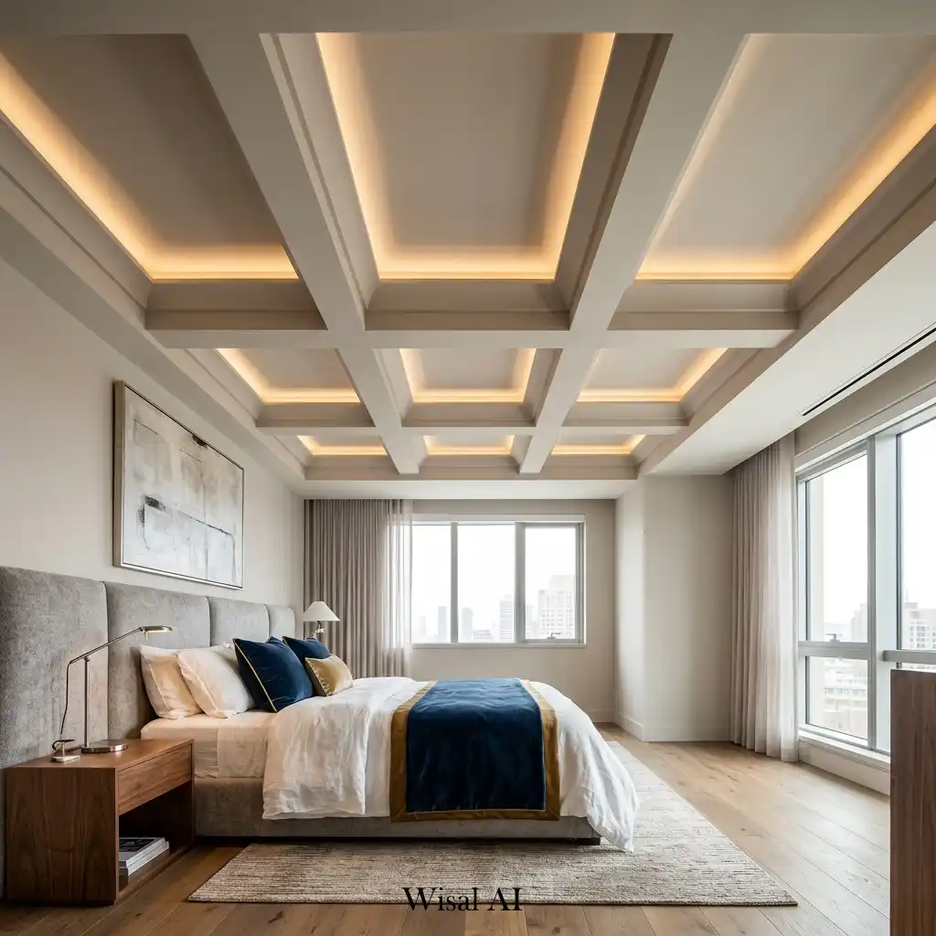 Modern bedroom with an elegant coffered ceiling and recessed lighting.