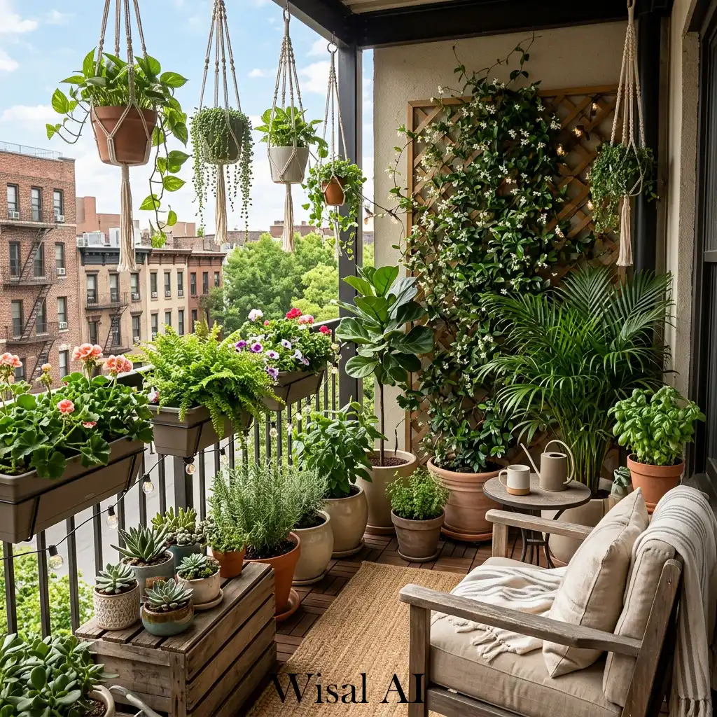 Lush green balcony garden filled with layered plants and greenery