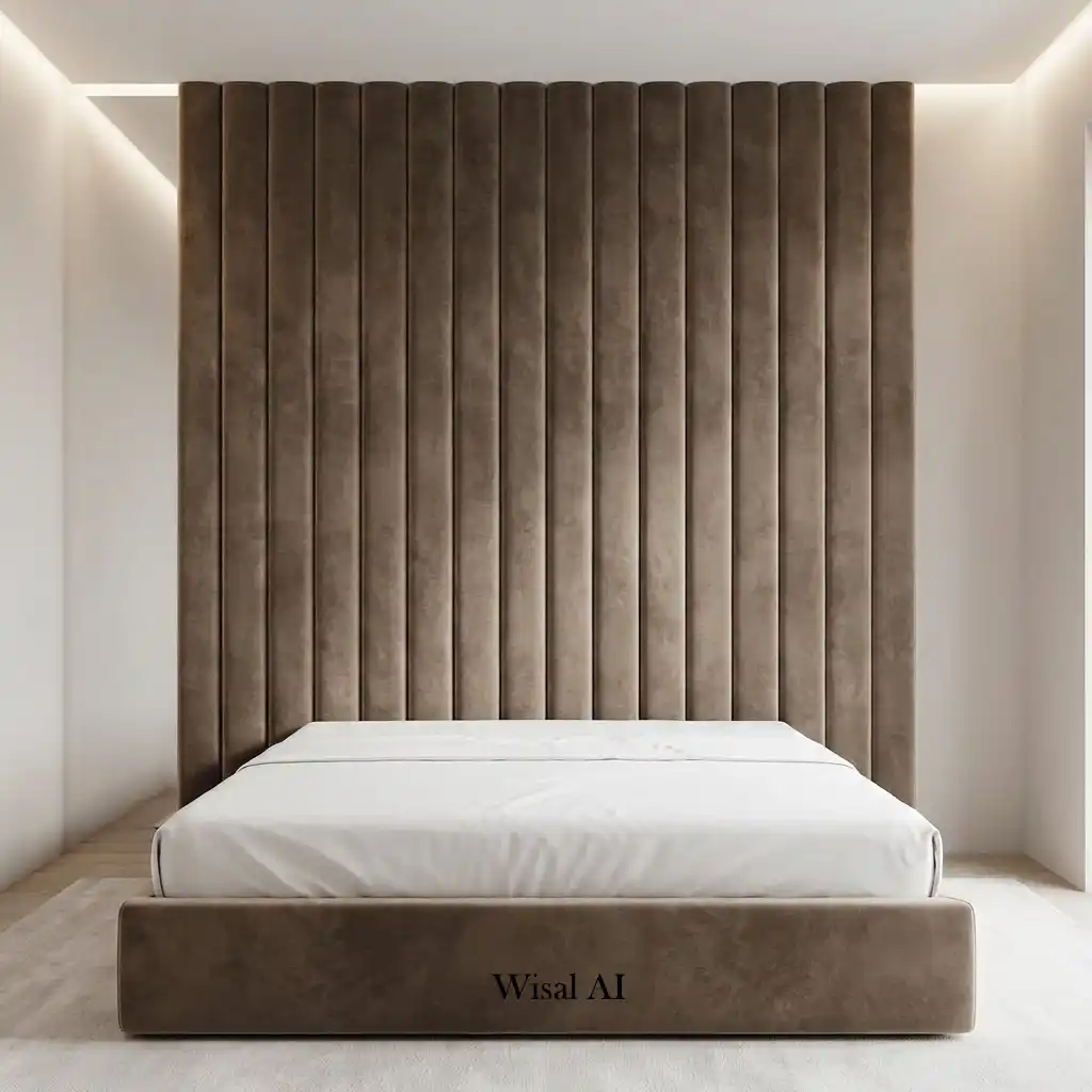Luxury bedroom with upholstered headboard, layered bedding, warm lighting, elegant neutral décor.