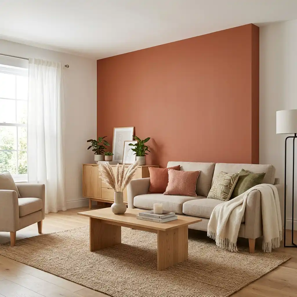Warm terracotta accent wall in modern living room interior