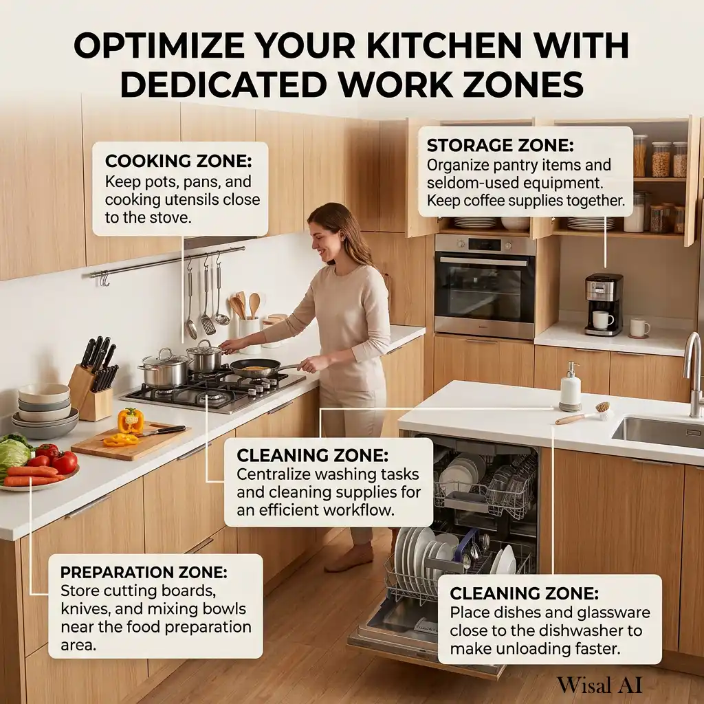 Modern kitchen with dedicated cooking, prep, cleaning, and storage zones for efficient everyday use.