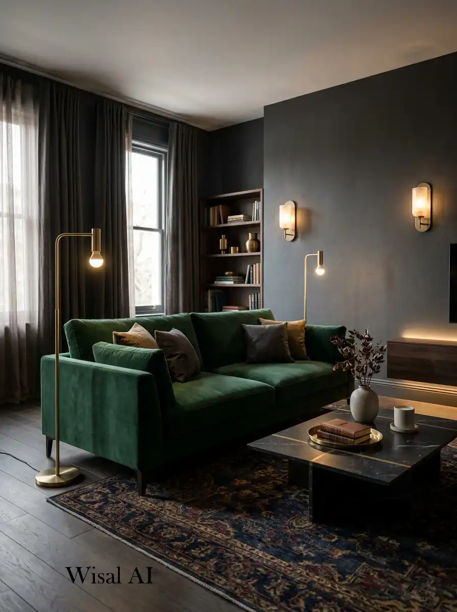 30. Dark Velvet Moody Living Room Idea
