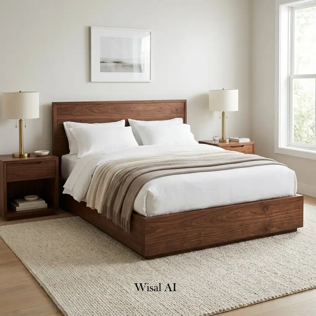 Dark wood bedroom with a walnut platform bed and layered linen bedding.