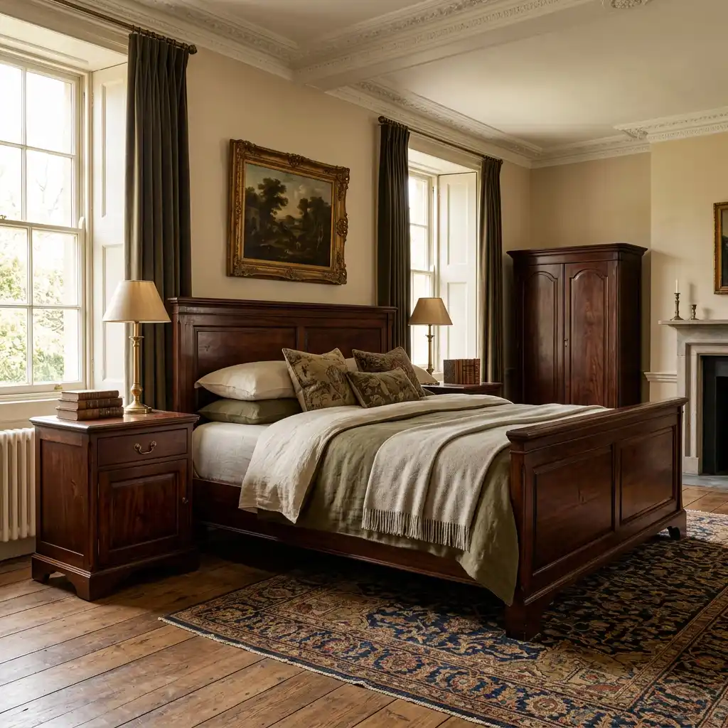 Dark wood furniture in timeless old money bedroom