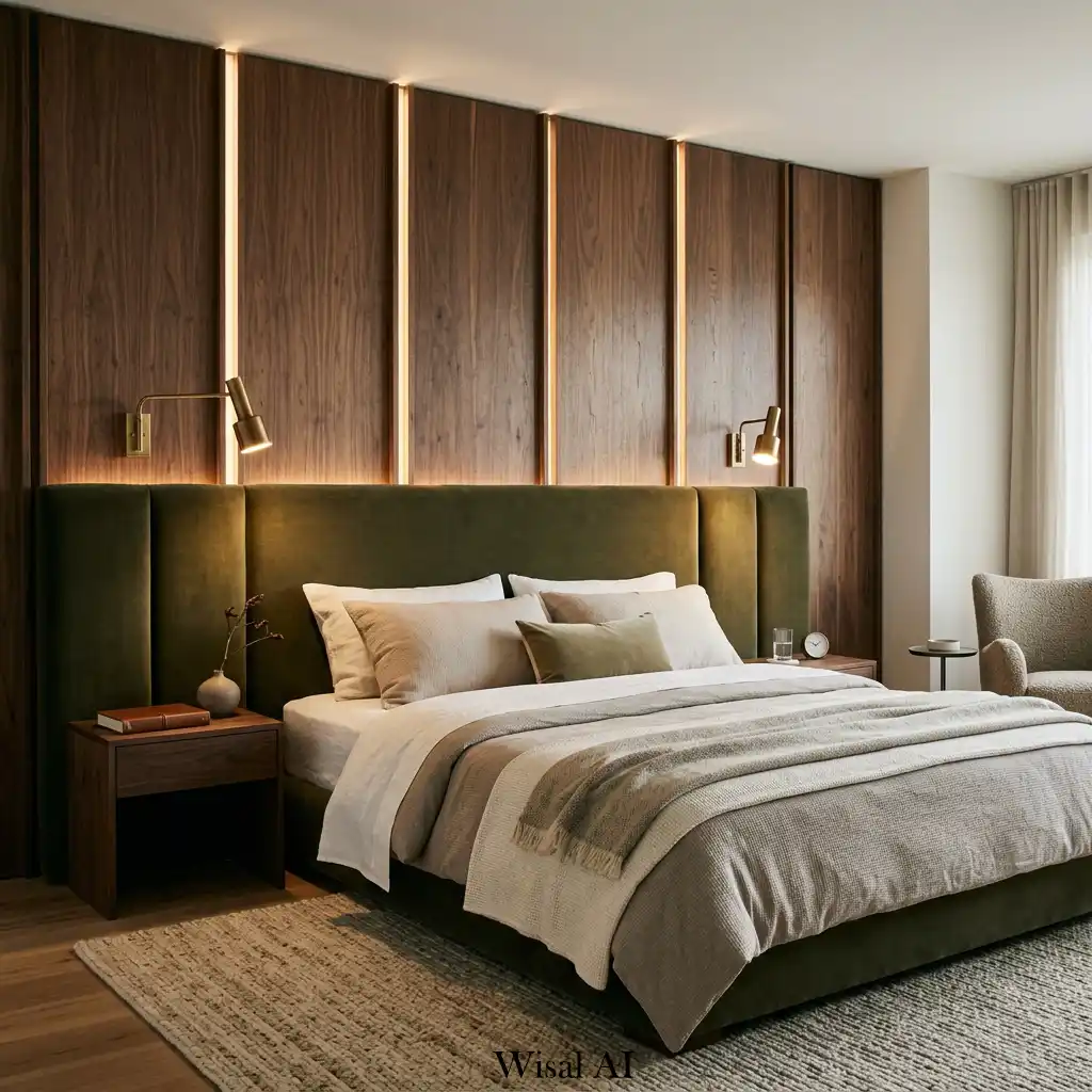 Deep olive velvet headboard with walnut wall panels in luxury bedroom