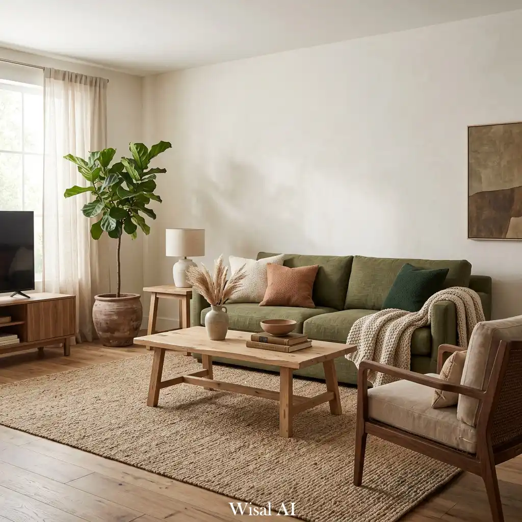 Earthy living room with olive green sofa, natural wood furniture, and warm organic luxury interior design