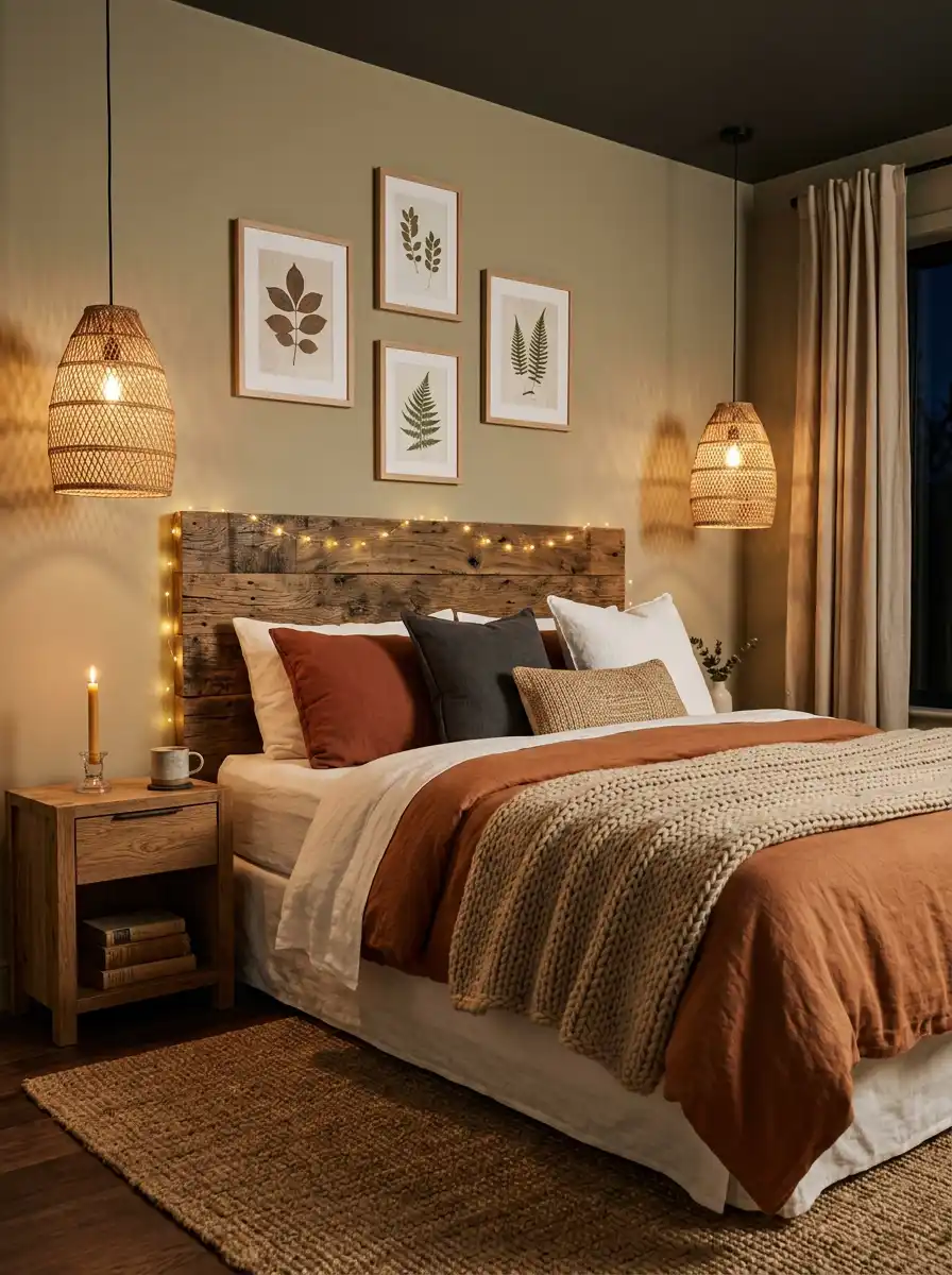 1. Earthy Textures and Golden Glow: Modern Bedroom Ideas