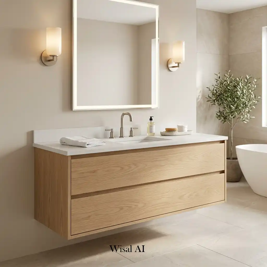 Floating white oak bathroom vanity with a quartz countertop and LED backlit mirror.