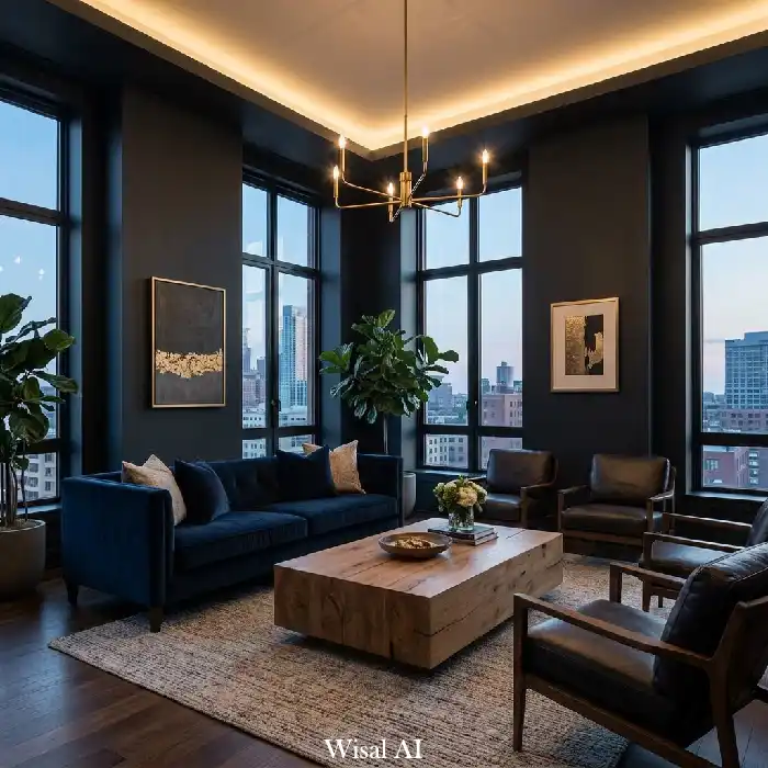 Ultra-modern dark living room with floor-to-ceiling charcoal walls creating a dramatic luxury interior atmosphere