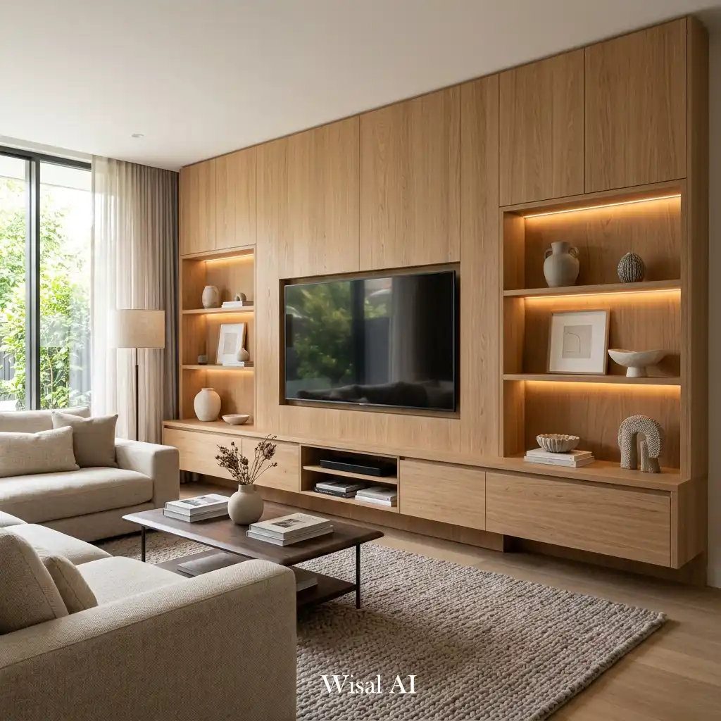 Floor-to-ceiling oak built-in TV wall with floating storage cabinets.