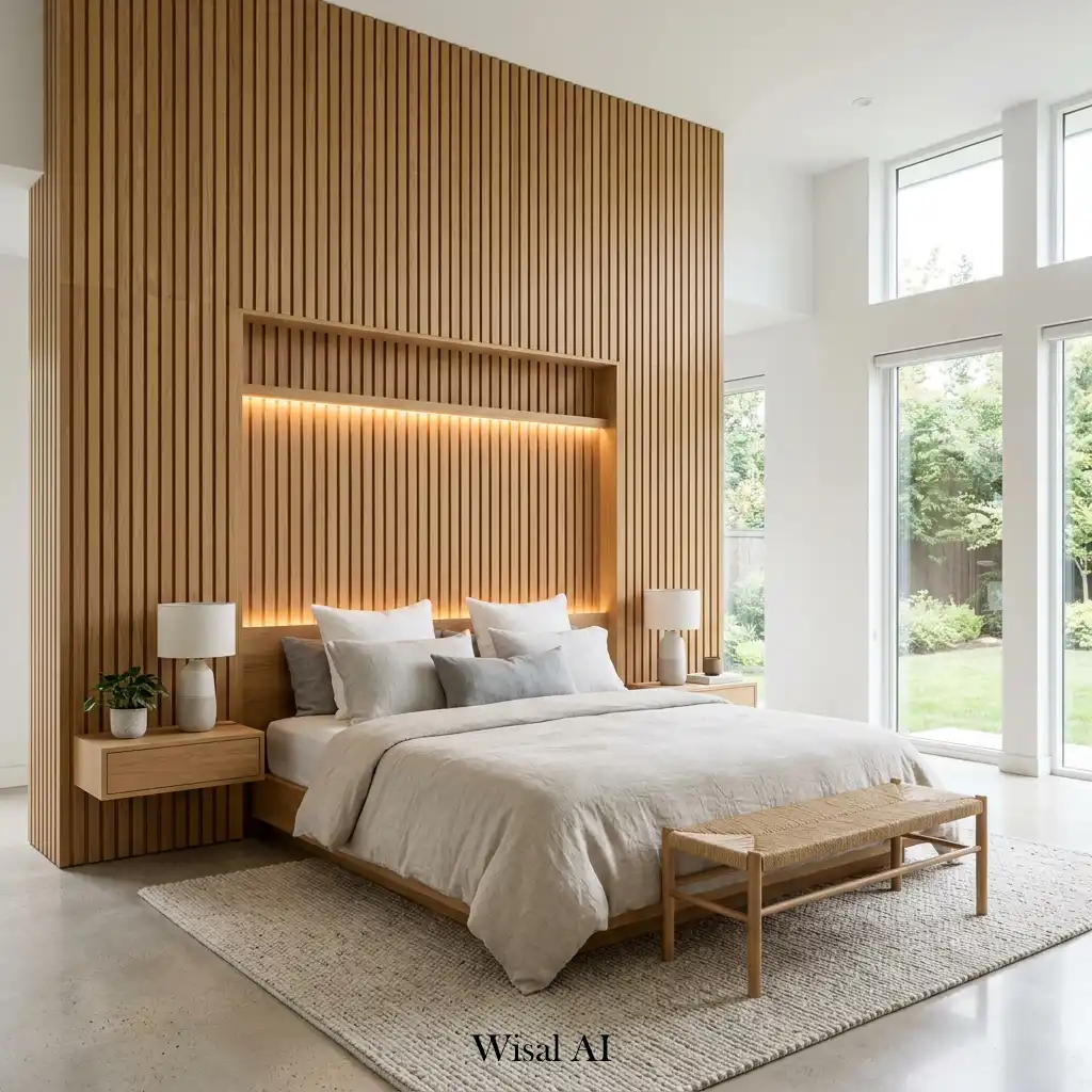 Floor-to-ceiling oak wood slat accent wall behind a modern upholstered bed.
