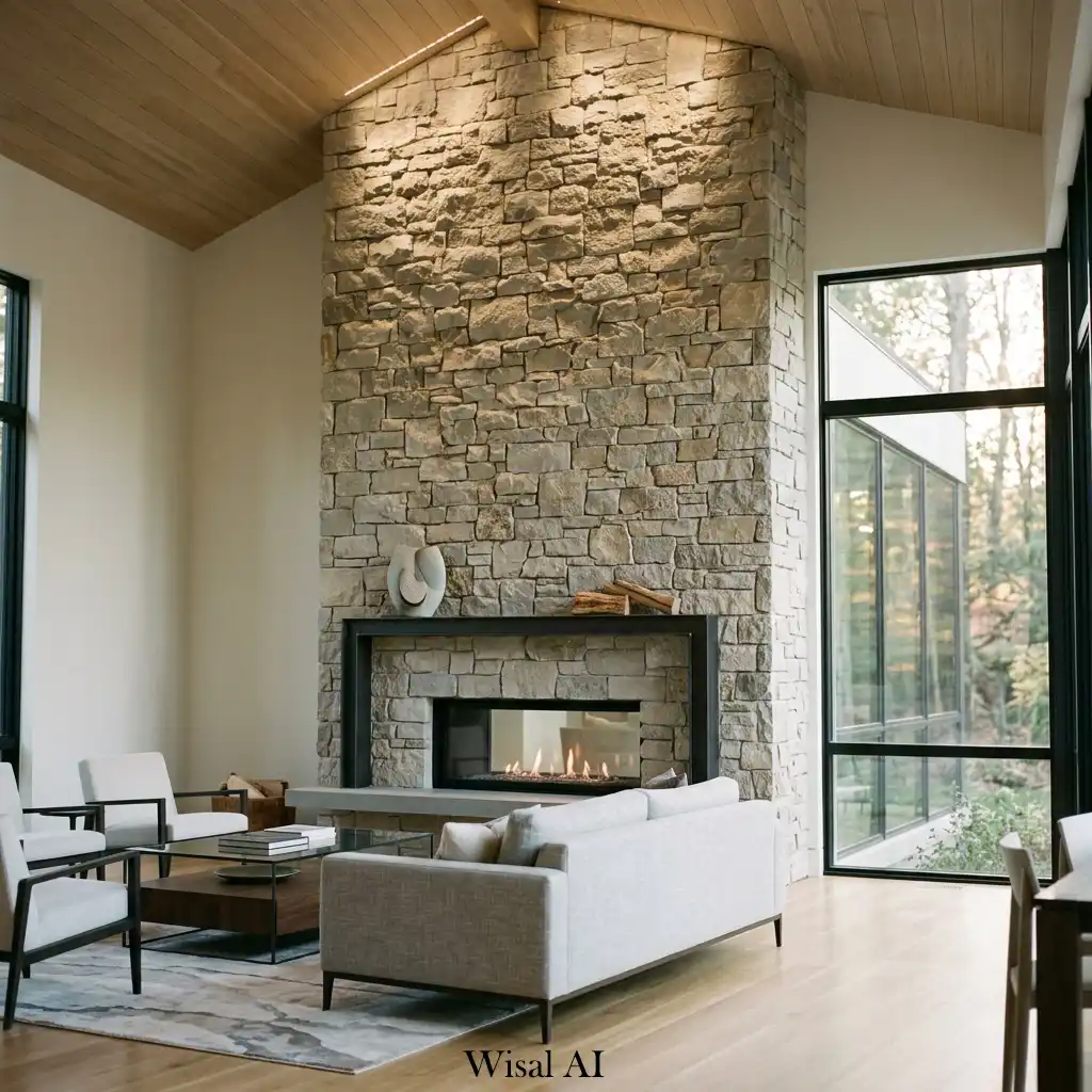 Modern living room featuring a floor-to-ceiling stone fireplace with luxury contemporary design