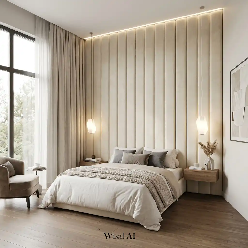 Contemporary bedroom with a floor-to-ceiling upholstered headboard and luxury neutral décor