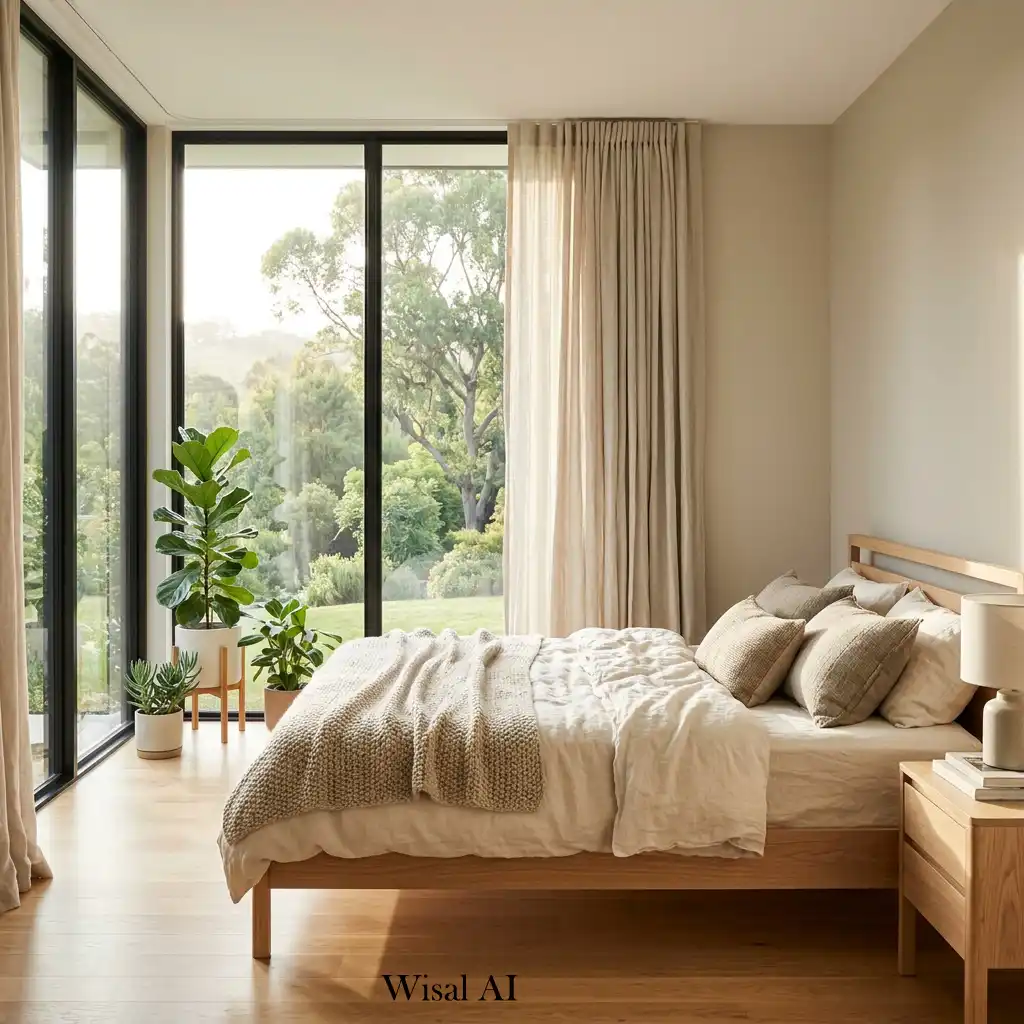 Floor-to-ceiling bedroom windows filling a modern bedroom with natural morning light.