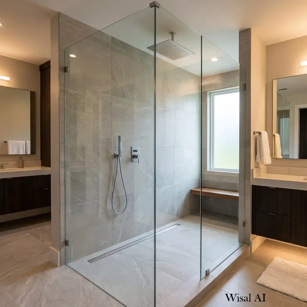 Frameless glass walk-in shower with large porcelain tiles and a rainfall showerhead.