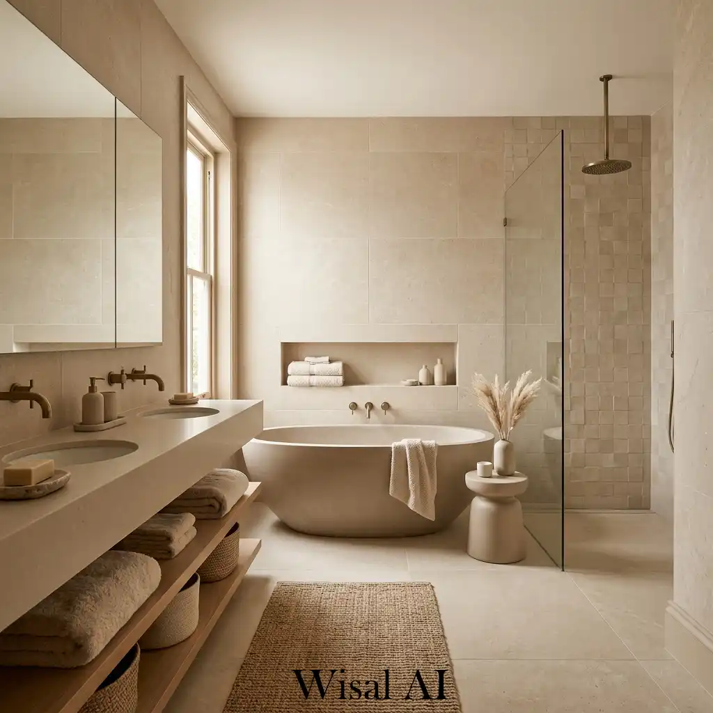 Modern beige bathroom with warm minimal spa style interior