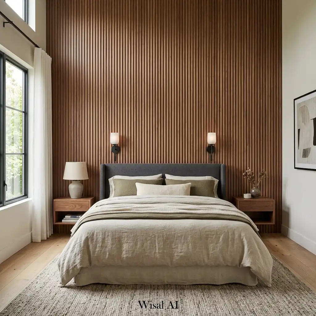 Bedroom with full-height fluted wood wall paneling behind the bed.