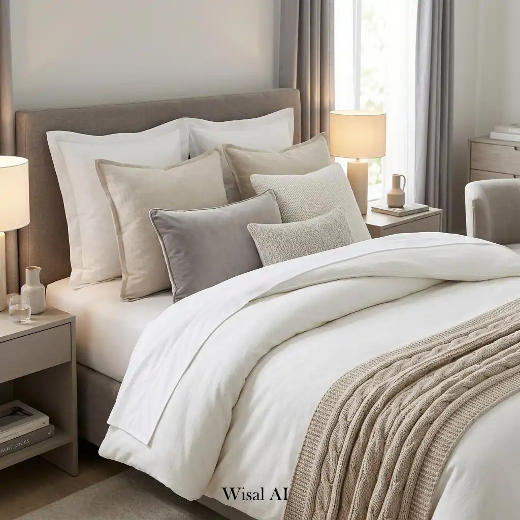 Guest bedroom with hotel-inspired bedding and layered neutral textiles.
