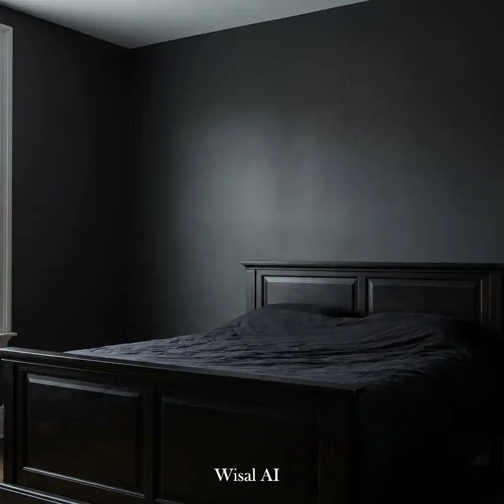 Halloween bedroom with deep charcoal walls and warm ambient lighting.