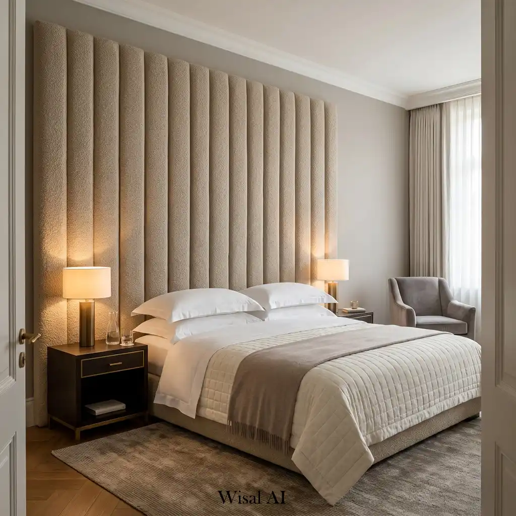 Oversized upholstered headboard in a modern luxury bedroom.