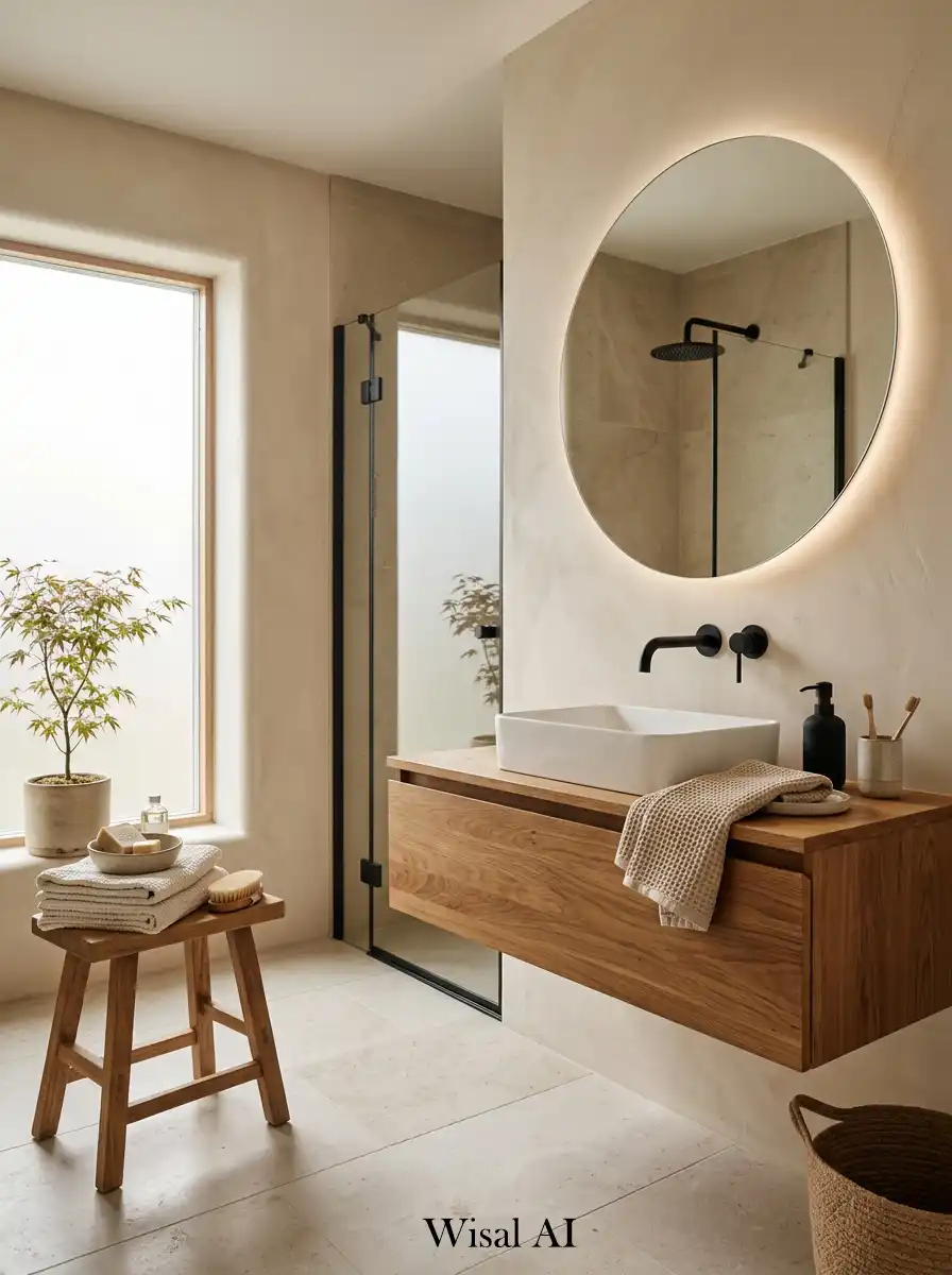 1. Japandi Bathroom with Warm Oak Wood and Soft Beige Walls