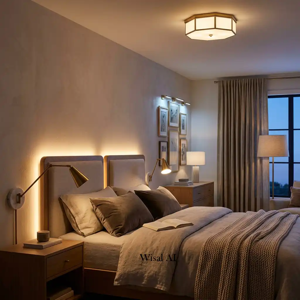 Modern bedroom featuring layered lighting with ceiling lights, bedside lamps, and hidden LED accents creating a warm atmosphere.